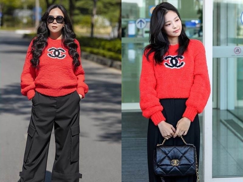 Chọn cùng công thức áo sweater đỏ với quần đen nhưng kiểu tóc có phần chưa hợp thời và mẫu quần rộng ít tôn dáng cũng khiến Phượng Chanel thua đậm trước nữa idol. (Ảnh: IGNV)