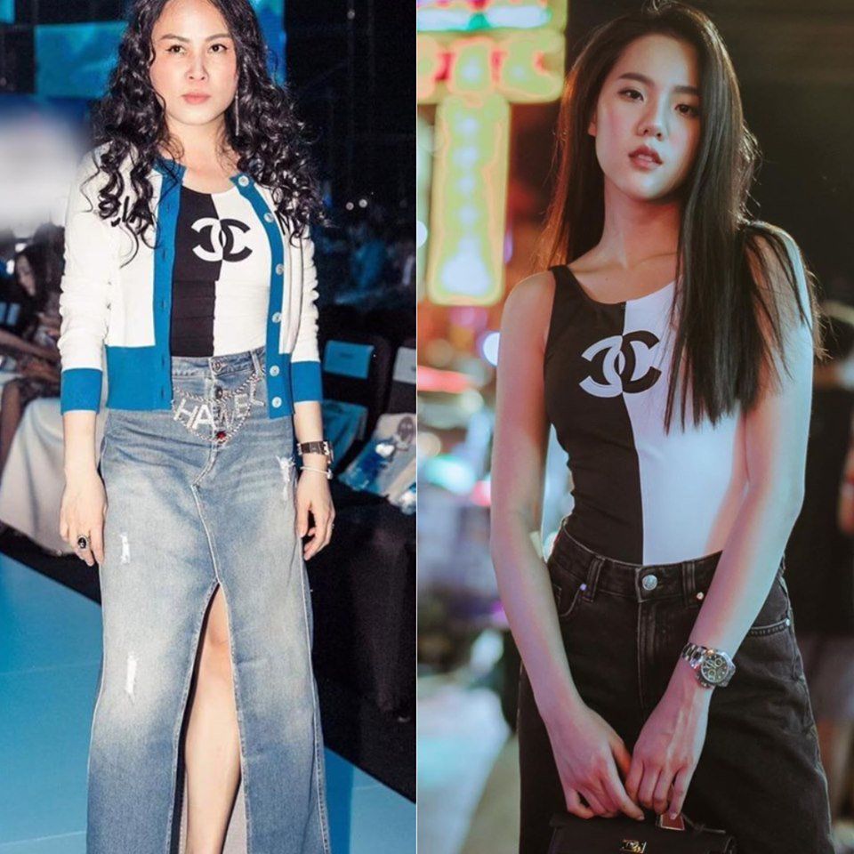 Mặc lại mẫu áo cardigan đụng idol Hàn nhưng bên trong Phượng Chanel lại phối mới mẻ với bodysuit. Tuy nhiên khi đụng mỹ nhân Kbiz khác, nữ doanh nhân vẫn thua cuộc như thường. (Ảnh: T.H)