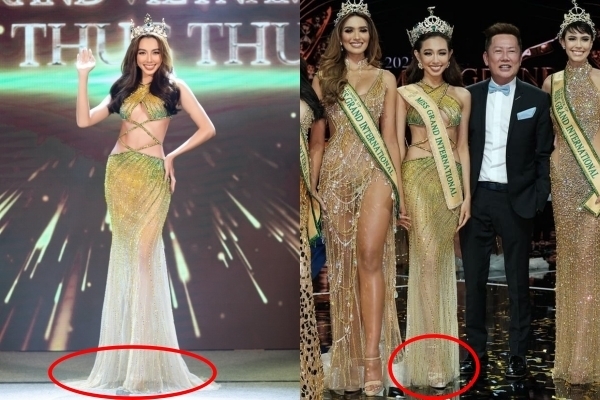 Thùy Tiên tự tay cắt phần đuôi váy dài để dễ dàng di chuyển trong đêm chung kết Miss Grand International 2021. (Ảnh: FB Nguyễn Thúc Thùy Tiên)