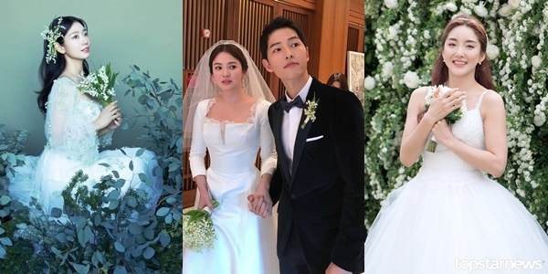 Dàn sao Hàn gây ấn tượng bởi vẻ ngoài xinh đẹp khi thả dáng trong những thiết kế váy cưới lung linh. (Ảnh: FB Song Hye Kyo + Sina + Topstarnews)