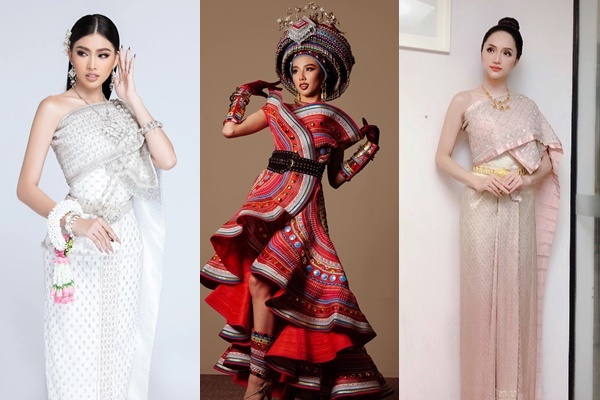 Hoa hậu, Á hậu Việt Nam khoe thần thái đỉnh cao khi thả dáng trong trang phục truyền thống Thái Lan. (Ảnh: FB Nguyễn Lê Ngọc Thảo + MGI + Instagram huoggiangggg)