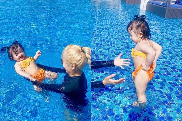Cô bé tỏ ra vô cùng thích thú khi được đi bơi cùng cô giáo. (Ảnh: FB Đông Nhi)