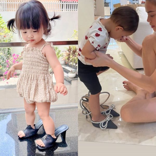 Nhiều nhóc tì nhà sao Việt đốn tim netizen với khoảnh khắc thử sức đi giày cao gót. (Ảnh: FB Đông Nhi + Instagram henrylisaleon)